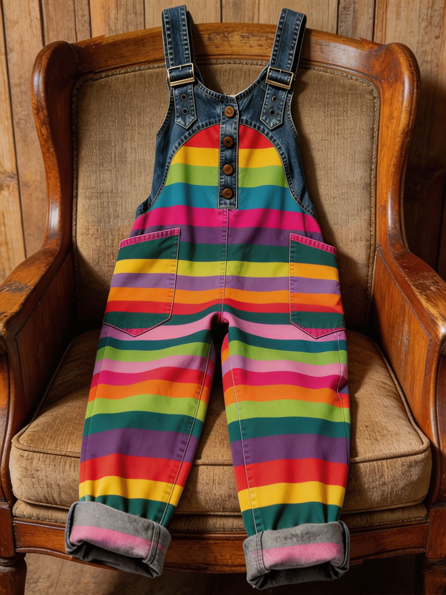 Women's Retro Style Art Print Washed Cotton Denim Patchwork Jumpsuit